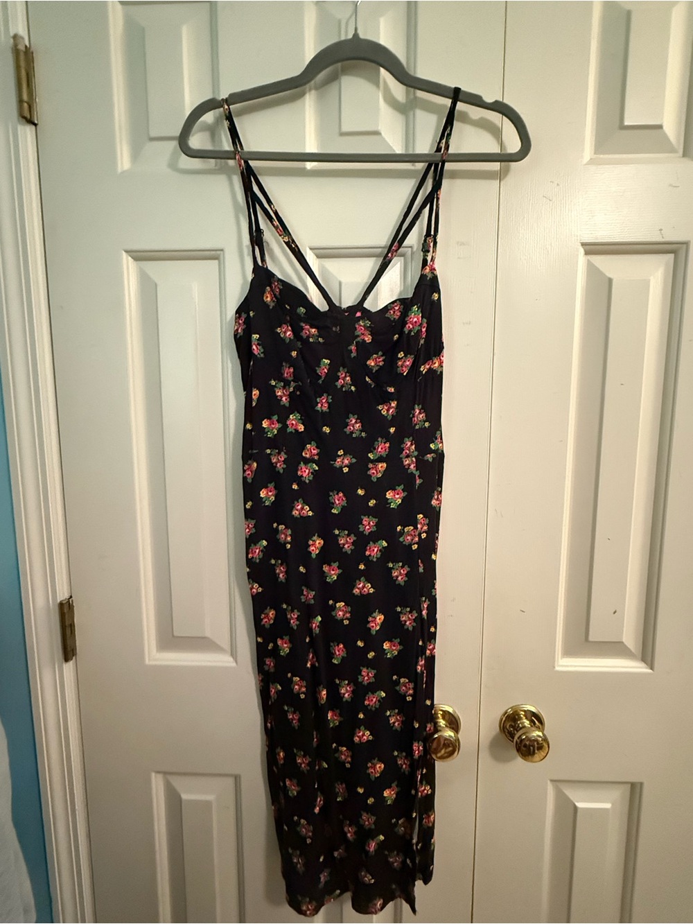 Black Floral BETSEY JOHNSON Midi Slip Dress with Pink & Yellow Rose Print